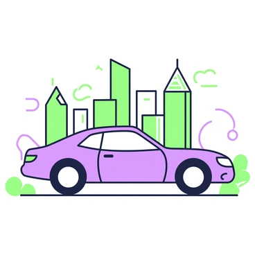 A green-and-purple outline illustration of a car is prominently displayed. The car features sleek curves and geometric details that showcase its modern design. Integrated into the car's body is an abstract cityscape, with stylized buildings and structures detailed in green and purple outlines. The city elements consist of skyscrapers with pointed roofs, various geometric shapes representing different types of architecture, and a winding road that flows seamlessly into the car. The composition emphasizes the fusion of automotive design and urban landscape, creating a dynamic visual.