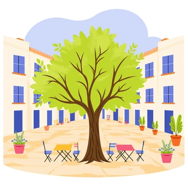 An olive tree with gnarled branches and lush green leaves is growing in the center of a quaint Mediterranean village square. The square is paved with warm, weathered stones that radiate a rustic charm. Surrounding the olive tree, there are small bistro tables with colorful tablecloths and chairs, creating inviting spots for people to relax. Flowering plants in terracotta pots are placed around the edges of the square, adding splashes of vibrant color. Traditional Mediterranean buildings with whitewashed walls and blue shutters frame the square, creating a picturesque backdrop. A clear blue sky overhead completes the scene, illuminating the lively atmosphere of the village.
