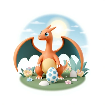 Charizard gently guarding a Pokémon egg in a serene environment.