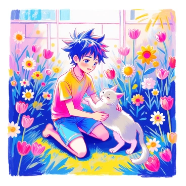 An anime boy with spiky hair and large expressive eyes is kneeling on the grass in a sunny garden. He is wearing a short-sleeved shirt with vibrant colors and denim shorts. In his hands, he is playfully interacting with a fluffy cat, which has a soft coat of gray and white fur. The cat is purring and rolling around playfully. Surrounding them are a variety of colorful flowers in full bloom, including daisies, tulips, and sunflowers, creating a lively and joyful atmosphere. The sun casts soft shadows, enhancing the cheerful scene.