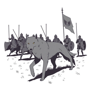 A gray wolf stands confidently at the forefront, leading a group of medieval soldiers across a misty field. The wolf has bright, focused eyes, and its fur is detailed with various shades. Behind the wolf, several soldiers clad in shining armor are arranged in formation, their swords drawn and banners fluttering in the damp air. The soldiers are equipped with helmets, shields, and intricate clothing reflecting the medieval period, with some holding lances and others bearing a large flag depicting a crest. The mist envelops the field, creating an atmosphere of anticipation and tension as they prepare for battle. The ground is a mix of damp earth and tufts of grass, partially obscured by the swirling mist surrounding them.