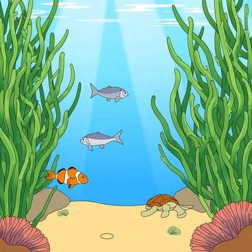 A vibrant underwater scene featuring a lush kelp forest with tall green strands swaying gently. Sunlight filters down from the surface, creating dappled patterns on the sandy ocean floor. Various sea creatures are present, including a playful orange clownfish darting between the kelp leaves, a graceful silver schools of fish swimming in unison, and a curious sea turtle gliding slowly through the vibrant greenery. The kelp forest is teeming with life, showcasing bright colors and dynamic movements. A few small sea urchins are scattered on the ocean floor, adding to the rich biodiversity of the scene.