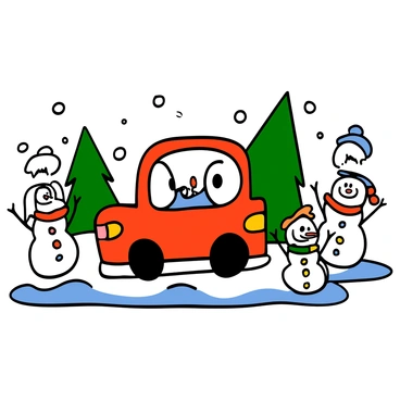 A jolly cartoon car with a bright red color and big expressive eyes driving through a snowy landscape. The car is smiling and has a cheerful demeanor. Snowmen with colorful scarves and cute buttons are scattered throughout the scene, each with a different facial expression. Tall pine trees, dusted with white snow, stand in the background, adding to the winter atmosphere. The ground is covered with a thick layer of snow, and gentle snowflakes are falling from the sky.