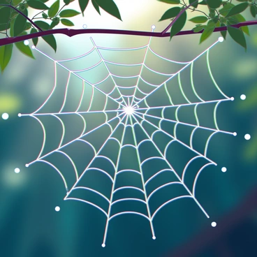 A delicate spider web intricately woven with intricate patterns, suspended between two branches. The web is shimmering with vibrant rainbow colors, reflecting the sunlight in brilliant hues. Tiny dewdrops cling to the strands, enhancing the iridescent effect. The background features blurred greenery, creating a soft contrast to the vivid colors of the web. Sunlight filters through the leaves, casting gentle shadows around the web.