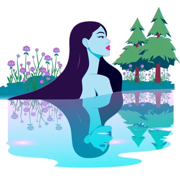 A side profile of a young woman with long, flowing hair is visible as her reflection in a calm, crystal-clear lake. The water perfectly mirrors her delicate facial features, highlighting her sharp jawline and elegant nose. Surrounding the lake, there are lush green trees and vibrant wildflowers that create a serene atmosphere. The ripples in the water from a gentle breeze add a subtle texture to the reflection. The light from the setting sun casts a warm glow on the scene, enhancing the colors and creating a tranquil ambiance.