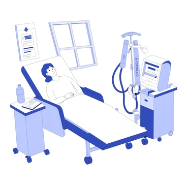 A patient is sitting comfortably in a hospital room while connected to a hemodialysis machine. The patient is seated in a reclining chair, with a blanket draped over their lap. The machine is situated beside them, featuring tubes and a dialyzer, with a digital display showing various readings. Nearby, there is an IV stand holding bags of fluid. The room has medical charts on the wall and a window allowing natural light to filter in. A bedside table is positioned next to the patient, holding personal items such as a book and a water bottle.