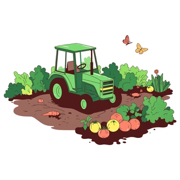 A small green tractor is working in a vibrant vegetable garden filled with a variety of plants. Rows of leafy green lettuce are neatly lined up alongside bright orange carrots peeking out from the soil. The tractor, with its shiny chrome details, is in the center of the garden, plowing the rich, dark earth. Surrounding the tractor, there are patches of colorful tomatoes and yellow bell peppers ripening under the sun. A few butterflies flutter above the flowers planted at the garden's edge, adding to the lively atmosphere.