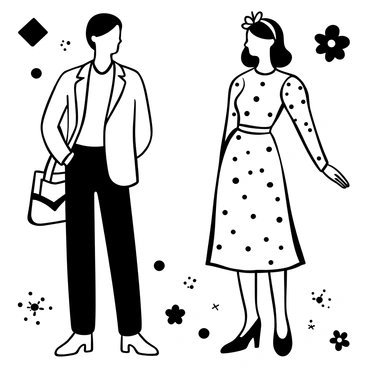 A mannequin is dressed in an outfit that combines elements of modern chic and vintage retro styles. The left side features a contemporary fitted blazer with sharp lines and tailored pants. The right side shows a flowing, knee-length dress with polka dots and puff sleeves typical of vintage fashion. Accessories include a modern handbag on the left and a retro headband on the right. The background displays geometric patterns on one side and floral designs on the other, emphasizing the blend of styles.