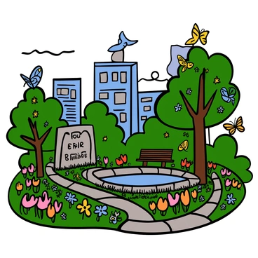 A vibrant garden filled with colorful flowers and lush greenery sits amid a bustling cityscape. The garden features a stone path winding through it, leading to a central area with a small, tranquil pond reflecting the sky. There are benches made of wood where people can sit and enjoy the surroundings. In one corner, a large stone monument is inscribed with the words "Peace and Remembrance." Birds are perched on the branches of nearby trees, and butterflies flutter around the blooms, adding life to the peaceful atmosphere.