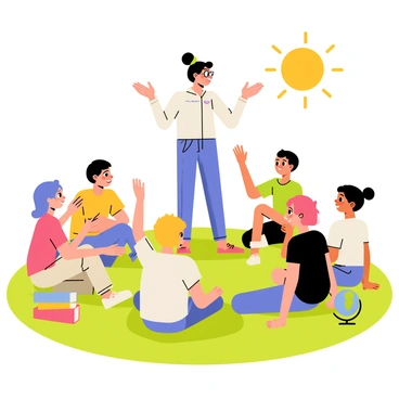 A group of six children sitting in a circle on a green grassy field. Each child has a distinct appearance, with varying hair colors and styles. In the center of the circle, a cheerful teacher with glasses stands, engaging the children with open arms and a welcoming smile. The children are attentively listening, some nodding their heads, while others are raising their hands to contribute to the discussion. The sun is shining brightly in a clear blue sky, creating a warm atmosphere. A few colorful books and a small globe are placed on the grass, enhancing the educational environment.