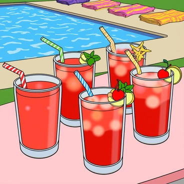 A colorful assortment of cherry-flavored drinks displayed on a sunlit table at a summer pool party. Each drink is in a clear glass filled with ice and garnished with a fresh cherry on the rim. Some glasses have playful, multicolored straws with fun shapes, like stars and hearts. The background features a glistening blue swimming pool and vibrant beach towels spread out on the deck. A few slices of lemon and mint leaves are floating in some of the drinks, adding a refreshing touch. The scene conveys a cheerful atmosphere perfect for a summer gathering.