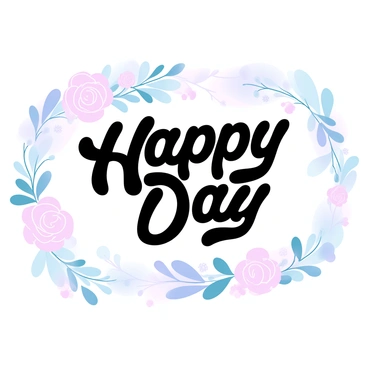 A greeting card features an intricate border made of various hand-drawn floral elements, including roses, daisies, and leaves, all in soft, gradient pastel colors. Central to the card is a beautifully crafted piece of calligraphy that spells out "Happy Day" in elegant, flowing lettering. The background has a subtle gradient that transitions from a light pink at the top to a soft lavender at the bottom. Additional floral motifs are scattered around the edges, enhancing the overall composition and adding to the cheerful theme.