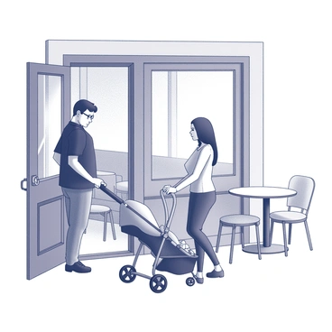 A person is standing at the entrance of a cafe, holding the door open with their left hand. Their right hand is resting by their side. In front of them, another individual is pushing a stroller. The stroller has a canopy and is designed to hold an infant. The cafe features large windows, and outdoor seating can be seen nearby. Tables and chairs are arranged on a small patio area, adding to the inviting atmosphere.