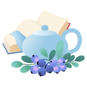 A teapot with a glossy finish is positioned beside a cluster of elderberries, their deep purple color contrasting with the smooth surface of the teapot. The elderberries are nestled among green leaves, creating a vibrant arrangement. In the background, a vintage book lies open, its pages slightly worn and yellowed, adding a sense of history to the scene. Soft light casts gentle shadows, highlighting the textures of the book, the glossy teapot, and the round elderberries.