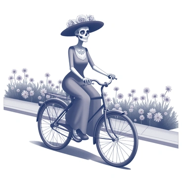 A "Catrina" figure is riding a vintage bicycle. The Catrina has a decorated skull face, adorned with intricate floral patterns and a wide-brimmed hat. She is elegantly dressed in a long, flowing dress that complements her vibrant demeanor. The bicycle features a classic design with a curved frame and large wheels. The street is lined with various flowers, creating a vibrant display of blossoms along the sides. The scene portrays a clear, sunny day, giving a lively atmosphere to the setting.