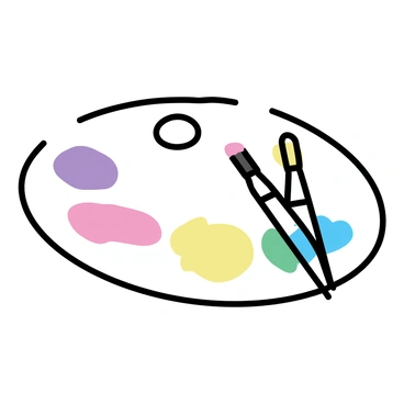 A round artist's palette, featuring an array of colorful blobs of paint in shades of red, blue, yellow, green, and purple. Several brushes of varying sizes are placed on the palette, with some having paint on their bristles. The palette has a thumb hole for easy handling, and it is set against a plain white background.