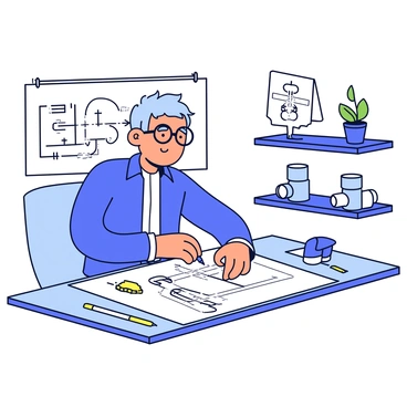 An engineer is seated at a drafting table, working on a large sheet of paper. The engineer is wearing a blue shirt and glasses, focusing intently on the sketch. The table is cluttered with various tools including a compass, a ruler, and markers. On the sheet of paper, there is a detailed diagram of a hydraulic pipeline system, featuring pipes, valves, and connectors. The background includes a wall with technical drawings and a potted plant on a shelf. "Hydraulic Pipeline System Concept" is written at the top of the sketch in clear, bold lettering.