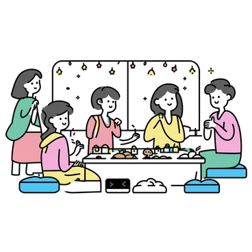 A group of five people are gathered in a room decorated with colorful fabrics and fairy lights. One person is applying “mehendi” (henna) on a woman's hands, showcasing intricate designs. A table nearby is filled with various traditional foods, including samosas, sweets, and drinks. In the background, a portable speaker is playing music. Everyone is smiling and wearing traditional attire, with vibrant colors like red, green, and gold. There are cushions on the floor where some guests are seated, enjoying the festive atmosphere.