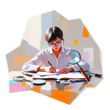 A journalist with medium skin and short, dark hair is seated at a wooden table, intently writing notes in a notepad. She is wearing a light-colored blouse and glasses perched on her nose. Surrounding her are several magnifying glasses of varying sizes and designs, reflecting light and creating interesting shadows on the table. Each magnifying glass has a handle made of wood and metal, enhancing the atmosphere of investigation and curiosity. The notepad is filled with scribbles and sketches, emphasizing her engagement with the task at hand.