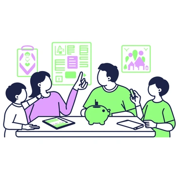 A family is gathered around a table, engaged in a discussion about their charitable donations. The table is covered with documents and brochures featuring various local charities. On the table, there is a green piggy bank, alongside envelopes ready to be filled with donations. The family members consist of two adults and two children; the adults are seated while the children are standing. One child is pointing at a brochure with a smile, while the other is holding a marker, ready to write. In the background, a wall displays photos of community events and past charity activities, depicting a sense of connection to their community.