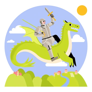 A knight wearing shining silver armor is riding on the back of a large, green dragon with shimmering scales. The dragon's wings are wide open as it glides through a bright blue sky filled with fluffy white clouds. The knight holds a sword high above his head, displaying a determined expression. Below, a lush green landscape is visible, dotted with small castles and winding rivers. The sun is shining brightly, casting a warm glow over the scene.