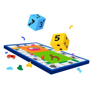 Two colorful dice are suspended in mid-air above a vibrant Monopoly board. The first die shows the number "3" on its upward-facing side, while the second die displays the number "5." The board below features various properties and colorful game pieces scattered around, including a miniature car, a thimble, and a dog. The dice are in sharp focus, contrasting against the detailed backdrop of the board game.