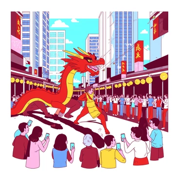 A red and yellow barongsai is performing energetically in the foreground, with its head raised high and mouth open in a fierce expression. The dancers, dressed in vibrant costumes, move skillfully beneath the dragon, creating an energetic display. Surrounding the performance, a crowd of onlookers watches intently, capturing the moment on their smartphones. In the background, tall skyscrapers tower over the scene, their glass windows reflecting the sunlight and the lively atmosphere of the bustling city center. Bright banners and decorations hang from nearby buildings, adding to the festive ambiance of the event.