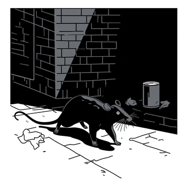 A close-up of a black rat with glistening fur is scurrying over cobblestones in a dark alley. Its small eyes are bright and beady, reflecting a faint light from a nearby street lamp. The rat's whiskers twitch as it moves quickly, its pointed ears alert to the sounds around it. Shadows loom on the brick walls, creating a sense of depth in the alley. A few scattered pieces of trash, including a crumpled newspaper and an empty can, are visible in the background, enhancing the atmosphere.