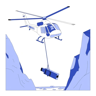 A KMAX helicopter is hovering above a canyon, with its rotor blades in motion. The helicopter is equipped with a large sling that is securely holding a piece of heavy machinery. Below the aircraft, the rugged terrain of the canyon is visible, with steep cliffs on either side and a rocky riverbed at the bottom. The helicopter's cockpit is visible, showing a pilot inside focused on maneuvering the aircraft. The machinery is suspended beneath the helicopter, dangling slightly as it is lifted across the canyon.