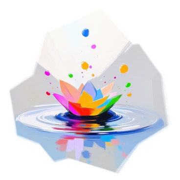 Colorful ink droplets in shades of blue, pink, yellow, and green are suspended on the surface of clear water. The droplets create intricate patterns as they swirl and merge, forming delicate trails of color. The water's surface reflects the vibrant hues, enhancing the visual effect. The scene captures the dynamic movement of the ink as it disperses and interacts with the water.