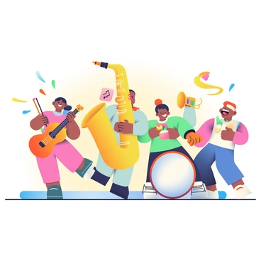 A vibrant scene depicts various musical instruments animated and dancing joyfully together in a band. A large, smiling saxophone stands in the center, with its keys glistening in the light. To the left, a cheerful violin with a bright bow is twirling gracefully on its chin. On the right, a dynamic drum set is energetically keeping the beat, with colorful drumsticks bouncing above it. A trumpet with a wide grin is playfully blowing melodic notes into the air. In the background, a bright stage is adorned with colorful lights, creating a lively atmosphere for this delightful musical gathering. Each instrument exudes personality and excitement, creating a harmonious celebration of music.