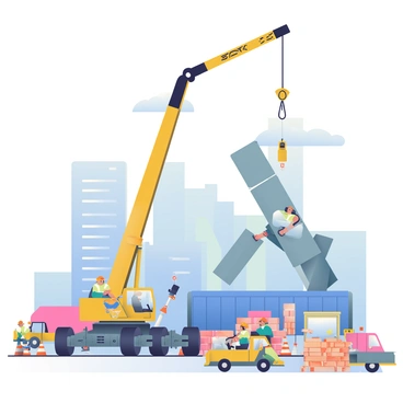 A mobile crane with a bright yellow and black design is in action at a bustling construction site. The crane is lifting large, heavy steel beams into the air with its extended arm. Surrounding the crane, construction workers wearing safety helmets and bright vests are coordinating the lift, while some are operating machinery like forklifts and excavators. In the background, unfinished buildings rise against a clear blue sky, and construction materials like piles of bricks and sheets of plywood are scattered around the site. There are several large trucks parked nearby, and a section of the site is cordoned off with bright orange safety cones.