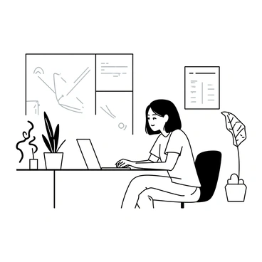 A female software developer is sitting at a modern desk in a trendy startup office. She is focused on her laptop, typing intently. She has shoulder-length hair and is wearing a casual t-shirt and jeans. Surrounding her are various indoor plants, including a tall snake plant and a leafy pothos, adding a touch of greenery to the workspace. The office has large windows that allow natural light to pour in, creating an inviting atmosphere. There are contemporary furnishings, including a comfortable chair and minimalist decor in the background.