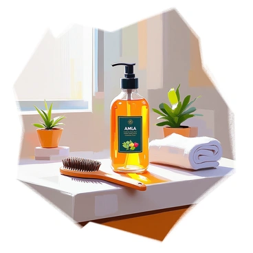 A bottle of "amla hair oil" is placed prominently on a bathroom vanity. The bottle has a sleek design with a dark green label, showcasing its herbal ingredients. Next to the bottle, there is a wooden hairbrush with smooth bristles, slightly worn from use. The vanity surface is made of light-colored wood, reflecting a simple yet elegant style, and there are small hints of bathroom decor in the background, such as a neatly folded towel and a small potted plant. Natural light filters in from a nearby window, illuminating the scene.
