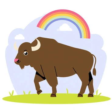 A large buffalo with a thick, dark brown coat is standing on a grassy field. The buffalo's horns curve elegantly upwards. Above the buffalo, there is a vibrant rainbow arching across a clear blue sky. The ground is slightly wet from a recent rain shower, with small puddles reflecting the colorful rainbow. Wisps of white clouds float in the background, adding depth to the scene. Soft sunlight filters through, highlighting the buffalo's strong features and the bright colors of the rainbow.