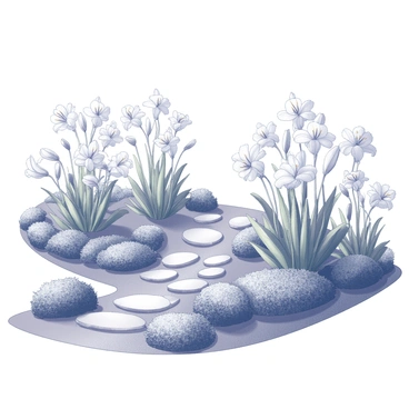 A garden featuring an abundance of "blooming white lilies." The flowers are arranged in clusters, showcasing their delicate petals and contrasting green leaves. The garden is designed with a variety of plants and small bushes that create a lush environment. In the background, "a clear sky" stretches overhead, providing a bright and open atmosphere. The composition includes pathways made of stone, leading through the garden, inviting exploration and appreciation of the natural beauty.