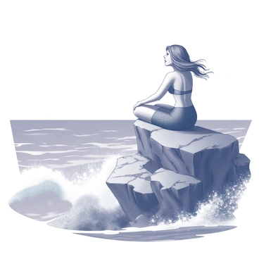 A siren with flowing hair is perched on a jagged rocky outcrop. She is gazing out towards the ocean, her mouth slightly open as if singing a haunting melody. The rocks beneath her are covered with patches of rough texture. Below, waves crash violently against the base of the outcrop, spray rising up in dynamic forms. The atmosphere is filled with the sounds of the sea, as the siren's figure contrasts against the tumultuous backdrop. The horizon stretches out far beyond her, emphasizing her connection to the depths of the ocean.