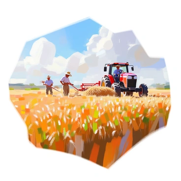 A vast agricultural field stretches out under a clear blue sky, dotted with green and golden crops ready for harvest. In the distance, a red tractor is working diligently, its driver, a farmer wearing a straw hat and a plaid shirt, is focused on gathering the crops. Nearby, another farmer is using a sickle to manually harvest wheat, their silhouette framed against the bright field. The sun casts warm light over the scene, highlighting the textures of the soil and the vibrant colors of the crops.