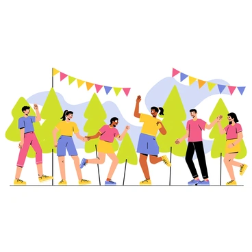 A lively outdoor dance class with participants enjoying the rhythm and bright summer outfits.