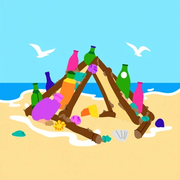 An art installation on a sandy beach is composed entirely of colorful ocean debris. The installation features a variety of materials, including pieces of driftwood, vibrant plastic bottles, and scattered shells. The arrangement forms a large geometric shape, with waves gently lapping at its base. Sunlight reflects off the surfaces of the debris, creating a playful shimmer in the scene. In the background, the clear blue sky meets the horizon, and a few seagulls can be seen flying overhead.