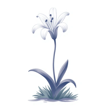 A single "white lily" stands tall, its petals delicately shaped and slightly curved. The stem is strong and upright, anchoring the flower firmly in place. "Gentle raindrops" are seen falling from above, creating tiny splashes as they land on the leaves. The surrounding area is lush with green foliage, contrasting with the purity of the lily. The ground beneath shows signs of moisture, with small puddles forming around the base of the flower.