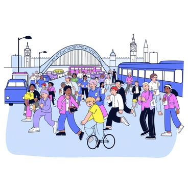 A busy scene of commuters crossing "London Bridge" during rush hour. The bridge is filled with people wearing a mix of formal and casual clothing, with some carrying briefcases and bags. Buses and cars are visible, moving steadily across the bridge. The sky is gray, indicating typical London weather, and the famous buildings of the city can be seen in the background. A few cyclists maneuver through the crowd on dedicated lanes.