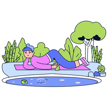 A person is performing a renegade row exercise. The individual is positioned on a yoga mat, holding a dumbbell in each hand. The garden features neatly raked gravel and carefully placed stones. Surrounding the area are lush green plants, including bamboo and small shrubs. A few distant trees provide a natural backdrop, while a gentle breeze creates ripples in the nearby pond. The sky is clear and bright, allowing sunlight to illuminate the scene.