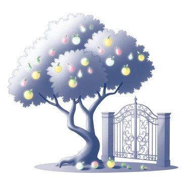 A cluster of trees stands tall, their trunks thick and sturdy. The branches are heavy with fruits that emit a luminous glow, casting soft light on the surrounding area. Each fruit has a unique shape, resembling various forms of teardrops and spheres, creating a vibrant display. The trees are arranged closely together, creating a lush canopy. In the background, a grand gate is positioned prominently, designed with intricate patterns that suggest a celestial or ethereal quality. The gate is partially open, inviting viewers to imagine what lies beyond. The ground is dotted with fallen fruits, reflecting their radiant colors.