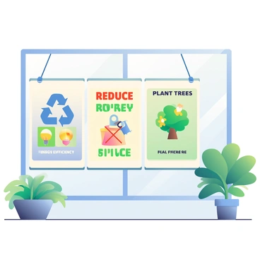A collection of green-themed posters is displayed on a wall in a corporate office. Each poster features a different sustainability initiative. One poster showcases a "Reduce, Reuse, Recycle" message with three colorful icons representing each concept: a blue recycling symbol, a green plant for "reuse," and a red crossed-out trash can for "reduce." Another poster highlights "Energy Efficiency" with a vibrant sun and a light bulb illuminated in yellow. A third poster displays a "Plant Trees" initiative, featuring a lush tree graphic surrounded by a variety of green leaves. The office environment is bright with large windows allowing natural light to fill the space, and there are potted plants placed around the area, enhancing the green theme.