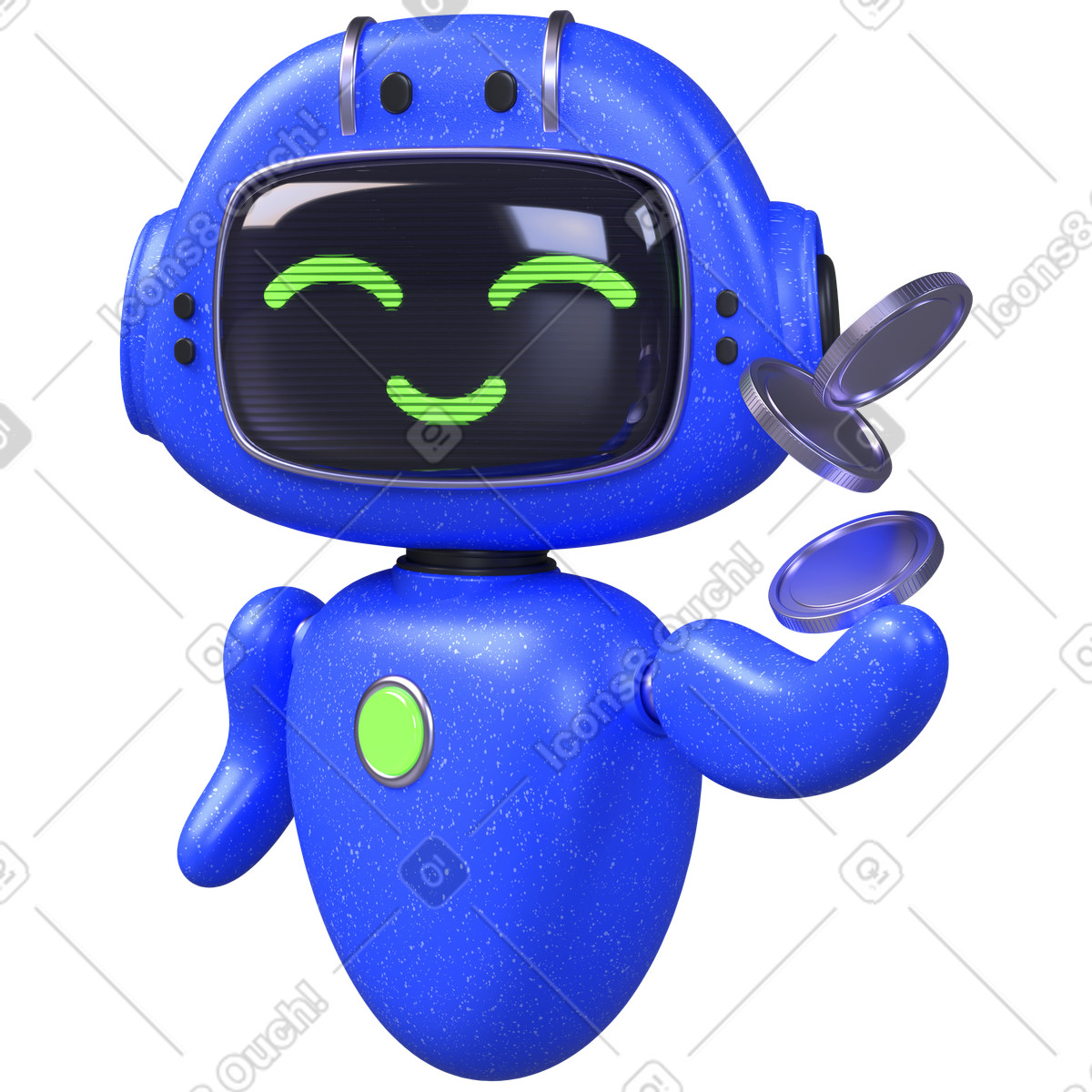 Robot with coins, artificial intelligence finance, digital payment technology illustration in 3D Boost style download in PNG, SVG