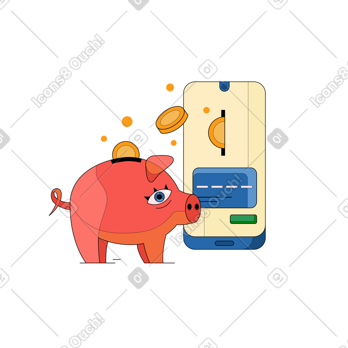 Salvadanaio, monete e pagamento mobile illustrazione in stile Surr scarica in PNG, SVG