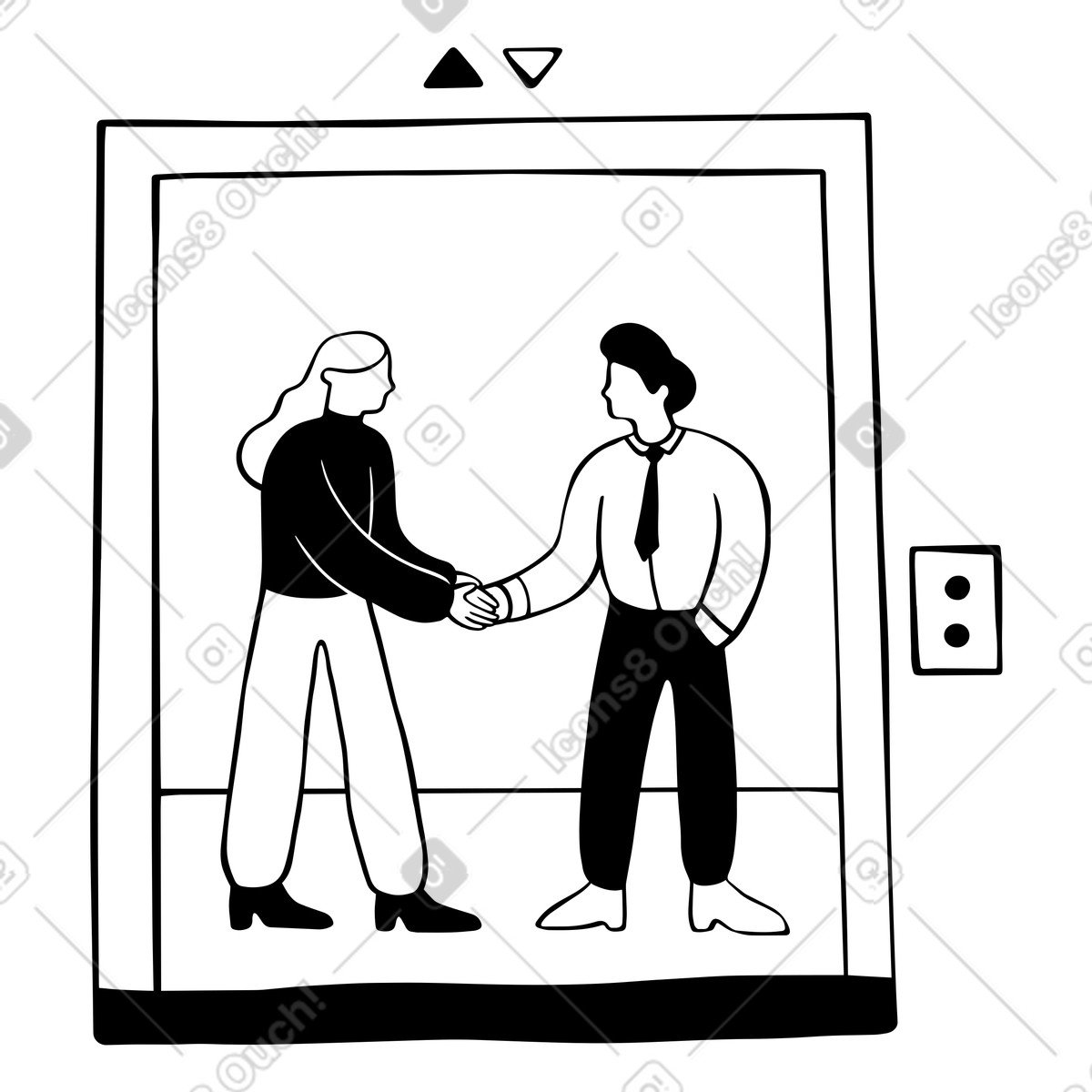 Elevator pitch, mann und frau schütteln sich die hände-Illustration im Journal-Stil als Download in PNG, SVG