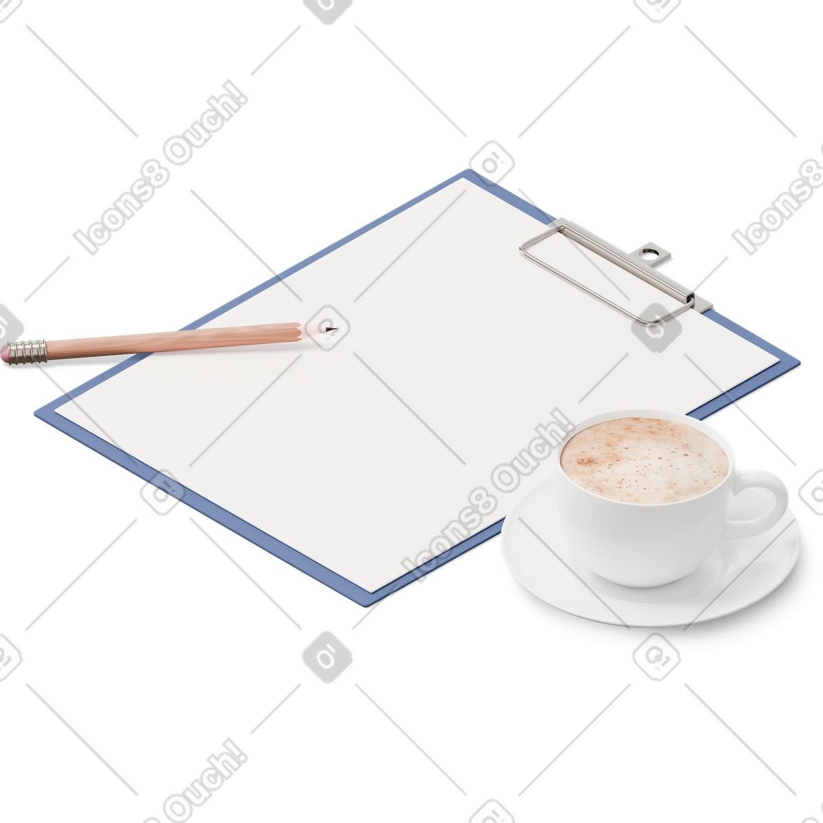 Vista isometrica di appunti, matita e tazza caffè illustrazione in stile 3D Hygge scarica in PNG, SVG