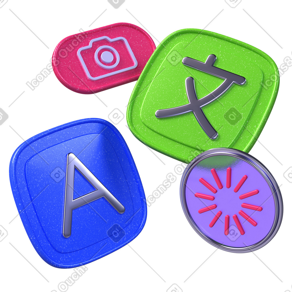 Illustration Icônes d'interface colorées pour la traduction et numérisation, technologie de reconnaissance optique caractères ou ocr dans le style 3D Boost à télécharger aux formats PNG, SVG